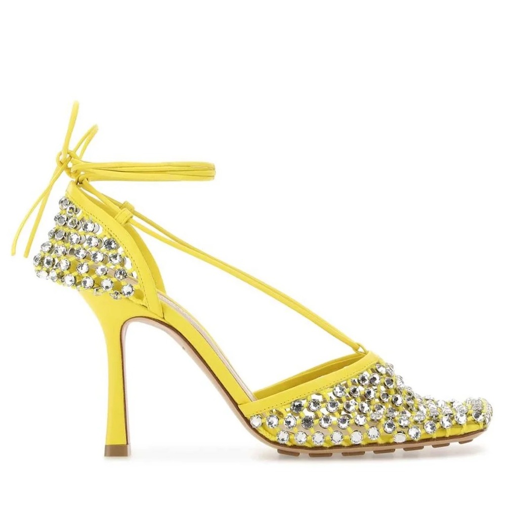 NIB BOTTEGA VENETA yellow sparkle sandal heels lace up size 38.5
